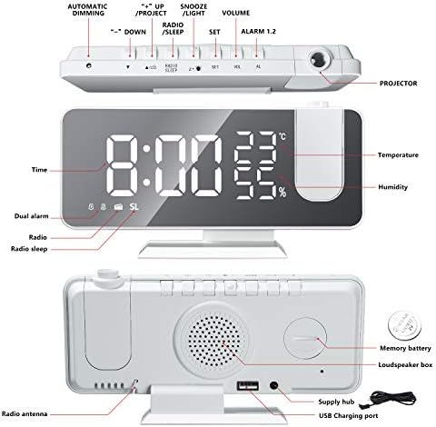 שעון מעורר הקרנת evilto לתקרת חדר שינה רדיו שעון מעורר דיגיטלי עם יציאות מטען USB, 7.3 שעון מעורר מסך LED גדול, 4 דימר, שעון מעורר כפול עם 2 צלילים, נודניק, לבן