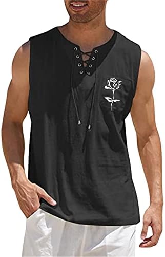 XXBR Mens כותנה פשתן חולצות ללא שרוולים שרוך מגרש נ 'צוואר גופיות הדפסת ורדים רגועים כושר חוף היפי אפוד מזדמן