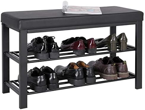 ספסל נעליים של Songmics, מתלה נעליים בן 3 שכבות לכניסה, מארגן אחסון עם מושב מרופד קצף, עור דמוי דמוי, מסגרת מתכת, לסלון, מסדרון, 12.2 x 31.9 x 19.3 אינץ ', ulbs58 שחור