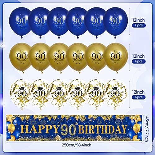 קישוטי יום הולדת 90 לגברים נשים כחול וזהב, כחול כהה זהב מסיבת יום הולדת באנר חצר 18 יחידות בלוני יום הולדת שמח 90 ליום הולדת 90 יום הולדת ספקי צד חג המולד תפאורה חיצונית