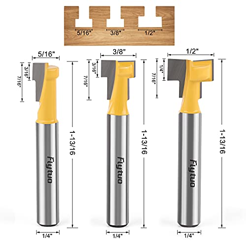 Flytuo 3pcs חורש חור מפתח חתיכות נתב 1/4 אינץ ', קרביד T-Slot Router Bit עם 5/16 & 3/8 וקוטר להב 1/2 אינץ