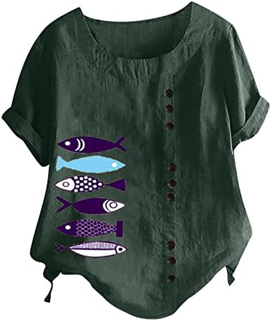 נשים של כותנה פשתן קיץ חולצות בתוספת גודל קצר שרוול טוניקת חולצה חמוד דגי הדפסת חולצה מזדמן רופף כפתור חולצה