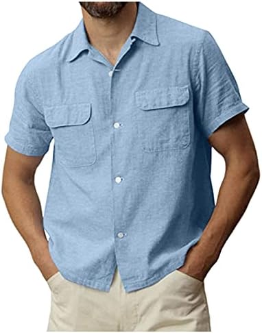 חולצות פשתן כותנה לגברים של ZDDO, כפתור שרוול קצר בקיץ למטה צווארון כיסים כפולים חולצות חוף