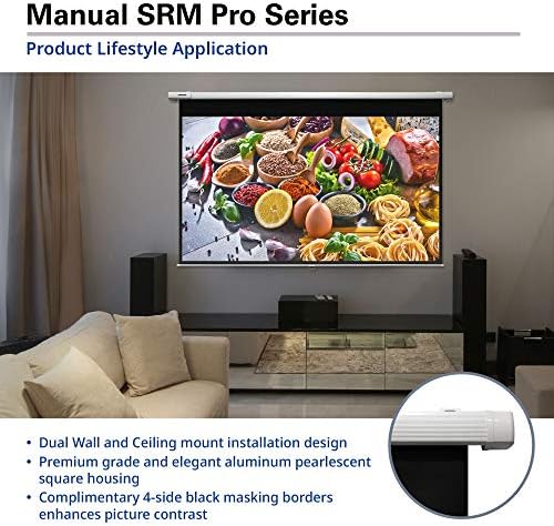 מסכי עילית ידנית SRM Pro, 100 אינץ '16: 9, מדריך מסך מקרן איטי ידני, 8K / 4K Ultra HD 3D מוכן, אחריות לשנתיים, M100HSR-Pro, 16: 9, לבן