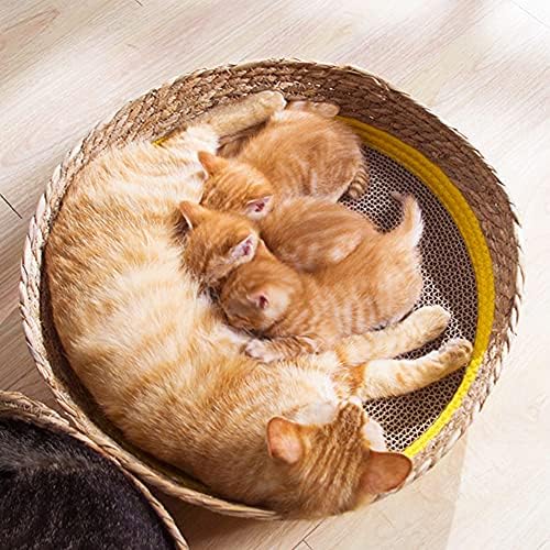 מיטת חתול ארוגה של AKDXM, מיטת חיות מחמד של חומר חומר טבעי, מיטת חיות מחמד ארוכה ביד, צהוב