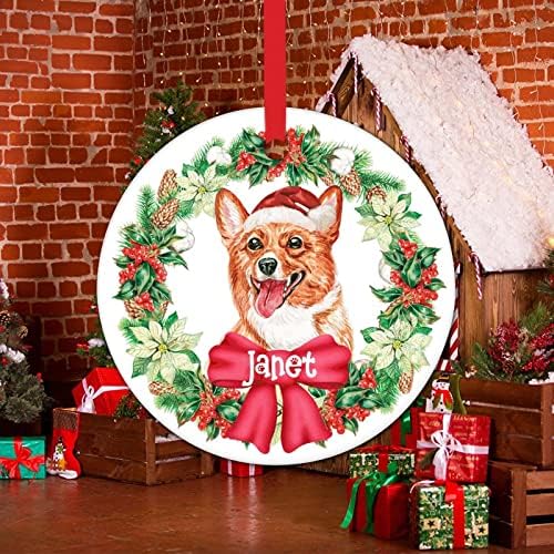 כלב עץ קישוט קישוט כלב עם סנטה כובע עגול קרמיקה חג המולד עץ תליית תליון מזכרת מותאם אישית שם חג המולד זר כלב חג המולד קישוטי שדה ספנייל קישוטים