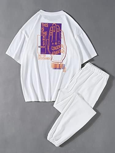 FIOXA תלבושות שני חלקים לגברים גברים בניגוד פאנל מכתב סיני טיי גרפי ומכנסי סהוט של המותניים המותניים