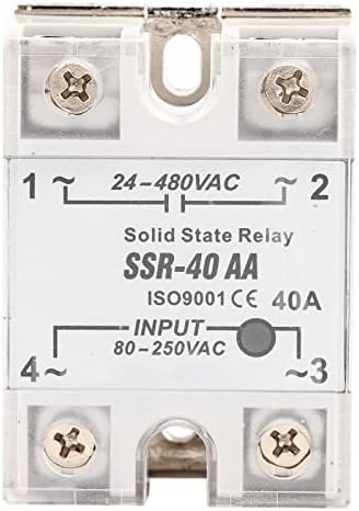 ממסר מצב מוצק, SSR 40AA 40A מודול ממסר מצב מוצק AC ל- AC קלט 90-250V פלט AC 24-480V AC לבקר טמפרטורת תרמוסטט PID