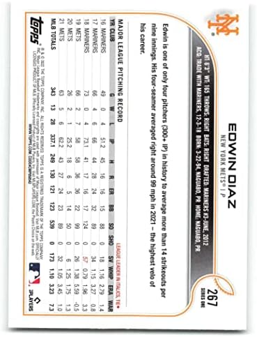 2022 Topps 267 אדווין דיאז ניו יורק מטס סדרה 1 כרטיס מסחר בייסבול MLB