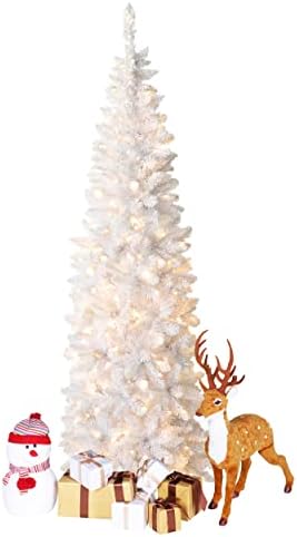 Veikou 8ft עץ חג מולד לבן מקדים, עץ חג המולד מלאכותי עם 350 נורות LED, עץ חג המולד עפרון דק לקישוט חג מקורה ביתי עם 900 טיפים