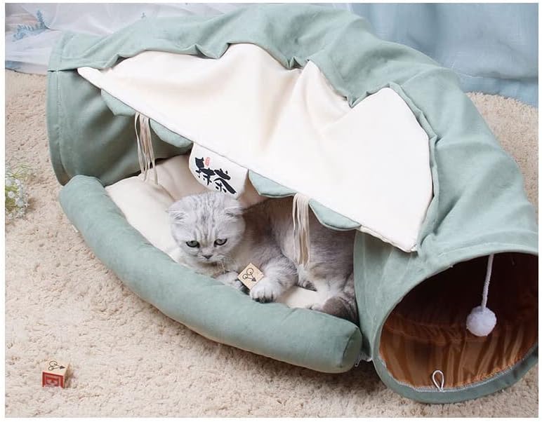מנהרת מיטת חתול צינור צעצועים אינטראקטיביים אוהל 2 ב 1 רב-פונקציונלי מתקפל עם 2 ערסל כריות כדורי גירוד