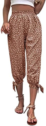 Grge beuu נשים הדפסת פרחים פשתן מכנסי קפרי מכנסיים מזדמנים מזדמנים מותניים נוחים מכנסיים קצוצים מכנסי טרנינג עם כיסים