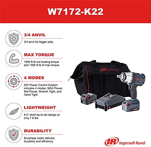 אינגרסול ראנד W7172-K22 3/4 מפתח ברגים השפעה ו -2 ערכת סוללה, 4 מצבי חשמל, מנוע ללא מברשות, מומנט האגוז של 1500 ft-lb