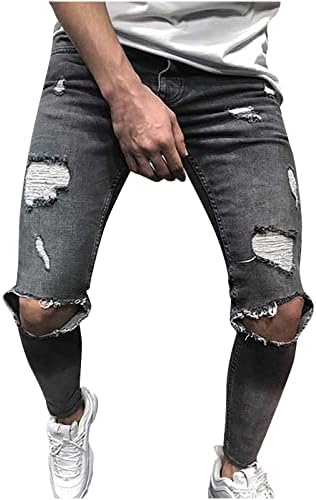סינזלימין גברים קרע ג 'ינס אופנה לשטוף ג' ינס כפתור רוכסן מכנסיים מטען מזדמן אופנוע אופנוען מכנסיים ישר עיפרון צפצף