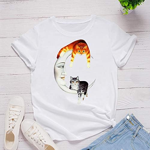 חולצות וינטג 'מצחיקות לנשים חתולים חמודים יושבים על ירח חולצת גרפיקה רופפת בכושר קיץ שרוול קצר צוואר צוואר עגול