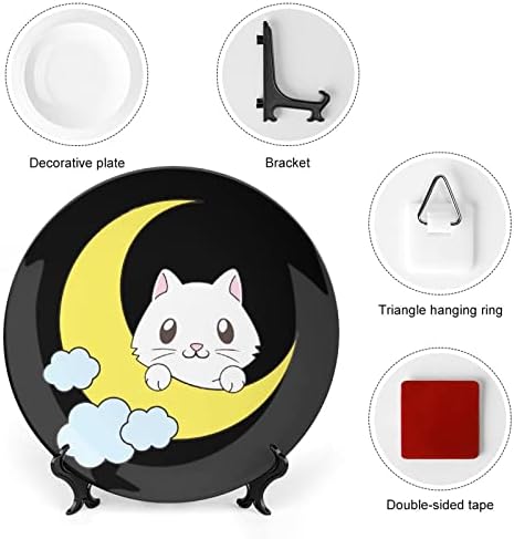חתול חמוד על הירח תלוי צלחת דקורטיבית קרמיקה עם עמדת תצוגה מתנות לחתונה בהתאמה אישית