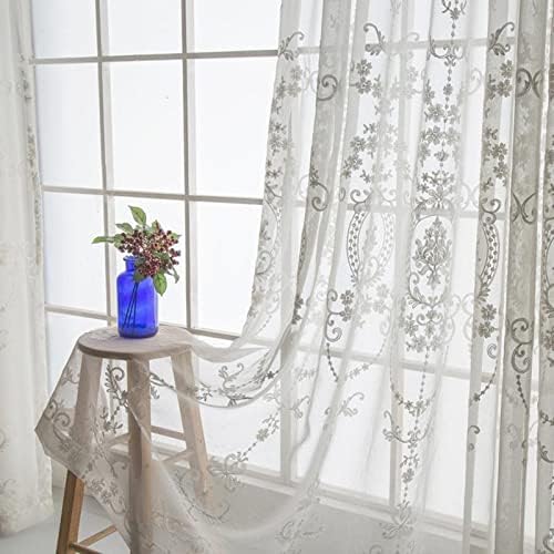 Daesar Sheer וילונות Voile 2 לוחות, וילונות האפלה בחדר השינה פשתן לבן וינטג 'אירופאי וינטג' פרחים טיפולי חלונות 42 W x 84 L