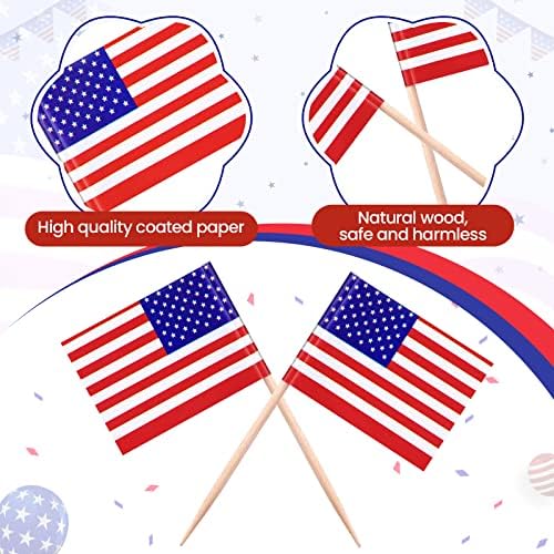 דגלי פאפווי אמריקאים קטנים על מקל, 100 יחידות מיני קיסמים דגל אמריקאי פטריוטי קיסמים דגלי 4 ביולי טאפרס קאפקייקס קיסמים קטנים דגל אמריקאי למתאבנים עוגת מזון קוקטייל