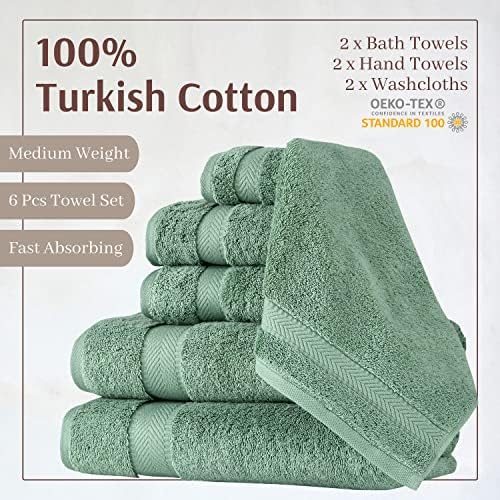Textilom כותנה טורקית 6 PCS סט מגבות רחצה, מגבות רחצה יוקרתיות לחדר אמבטיה, מגבות אמבטיה רכות וסופגות סט - ירוק