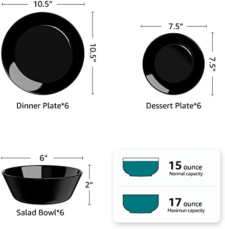 סט כלי אוכל שחור, Homeelves 18-PCs כלים אופליים מטבח סטים סט עבור 6, צלחות זכוכית קלות וקערות סט, שבירה ועמידות בפני שבב, בטיחות למיקרוגל ומדיח כלים, עגול