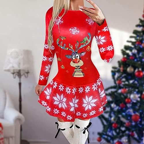 נשים מיני שמלות אופנה צוואר חג המולד הדפסת טוטו מסיבת שמלה רזה ארוך שרוול חג מזדמן סוודר שמלה