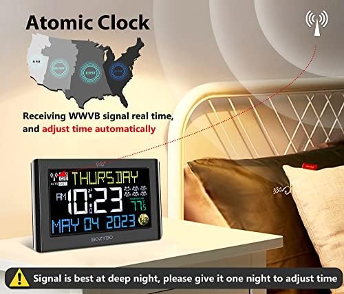 שעון דיגיטלי של Bozybo עם 6 שעוני מעורר: שעון אטומי עם טמפרטורה מקורה שעון תיקון זמן עצמי עם יום ותאריך לזקנים מתכווננים שעון קיר או שעון שולחן לחדר שינה