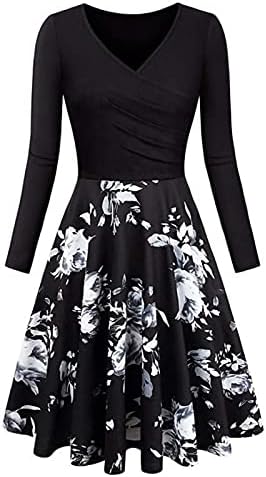 נשים של פרחוני משובץ ארוך שרוול צווארון הברך-אורך מסיבת שמלות מקרית אופנה מקסי שמלות לנשים2023