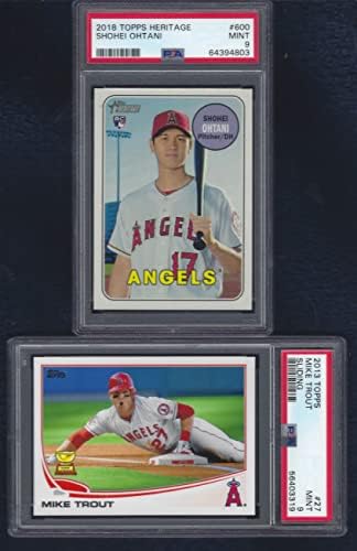 Shohei Ohtani Topps Heritage & Mike Trout All Star Gold Rookie Cup 27 הג'רזי שלו מספר 2 טירון טירון מגרש PSA 9 Angel