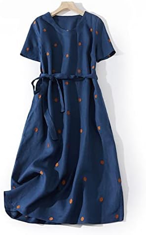 שמלות פשתן כותנה של LMDUDAN לנשים לנשים בצבע אחיד שרוול קצר שמלת מידי רופפת זורמת שמלת נדנדה קו