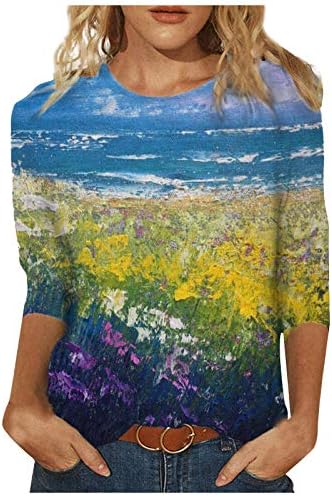 נשים אופנה חולצה ציור גרפי הדפסת חולצות צווארון עגול 3/4 שרוולים חולצות 2023 אביב קיץ חולצות